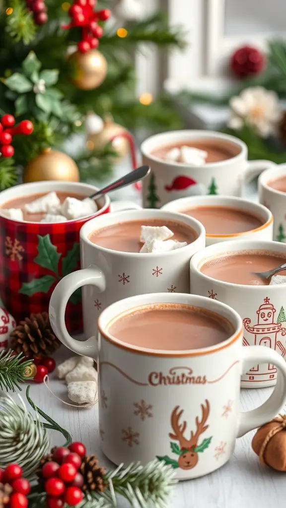 A collection of decorative Christmas mugs filled with hot cocoa, surrounded by festive decorations.