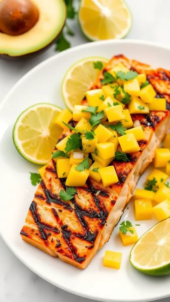 Grilled salmon with mango salsa, garnished with lime and cilantro