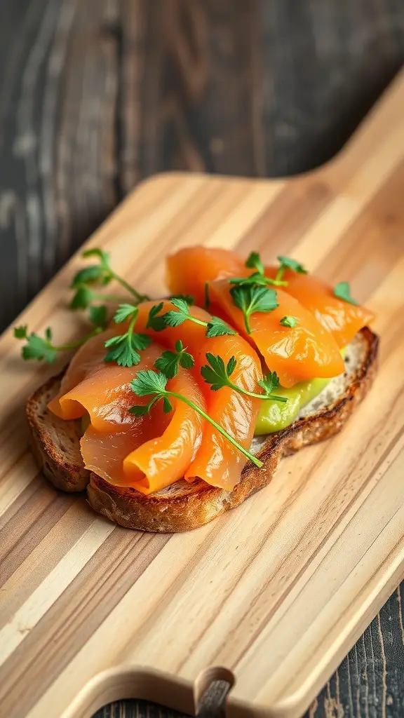 A slice of toasted bread topped with smoked salmon, avocado, and fresh herbs on a wooden board.