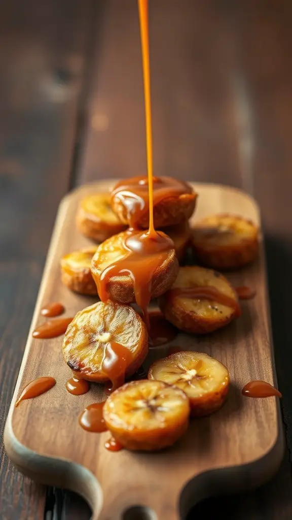 Caramelized banana bites drizzled with caramel sauce on a wooden board.