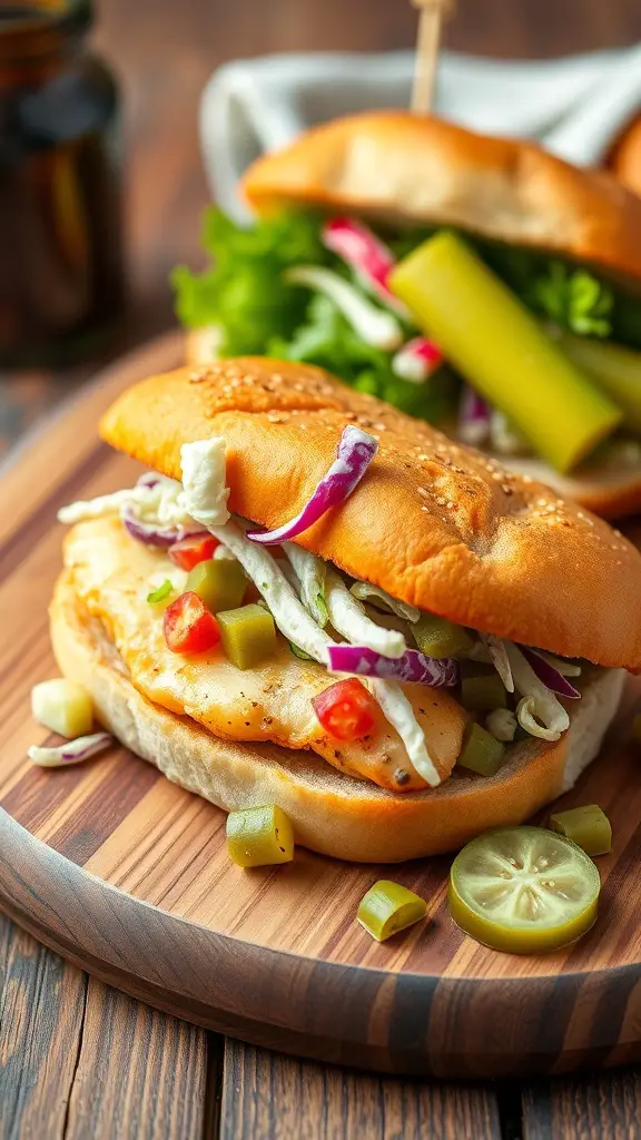 A crispy tilapia sandwich with slaw on a wooden plate.