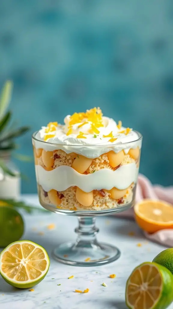 A delicious Coconut Lime Trifle in a glass dish, topped with whipped cream and lime zest.