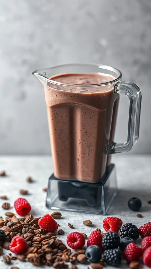 A blender filled with a chocolate-colored smoothie, surrounded by fresh berries and coffee beans.