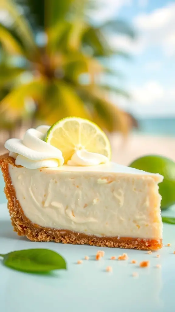 A slice of key lime pie with whipped cream and a lime slice, set against a tropical background.