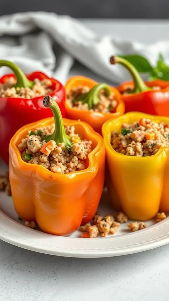 Colorful stuffed bell peppers filled with quinoa and turkey on a plate.