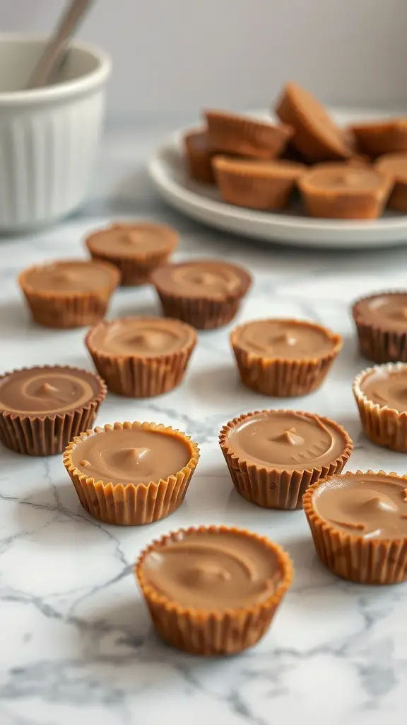 A variety of sugar-free peanut butter cups arranged on a marble surface.