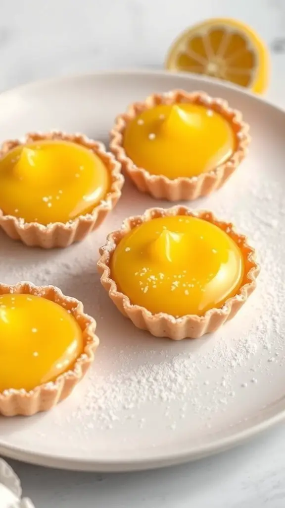 Four lemon curd tartlets on a plate, garnished with powdered sugar and a slice of lemon in the background.