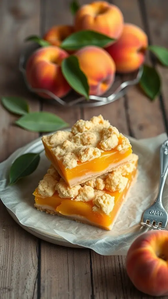 A stack of peach cobbler bars with fresh peaches in the background