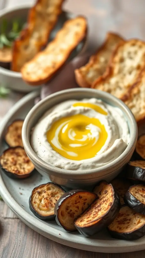 A bowl of roasted eggplant dip drizzled with olive oil, surrounded by roasted eggplant slices and crispy bread.