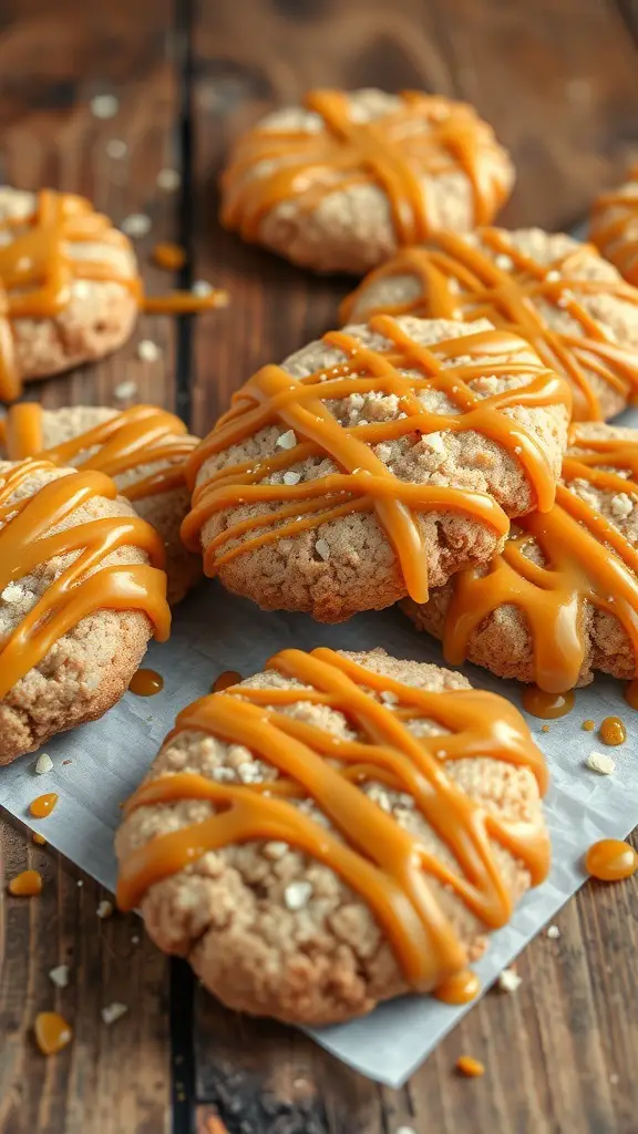 Delicious salted caramel toffee cookies drizzled with caramel on a wooden table.
