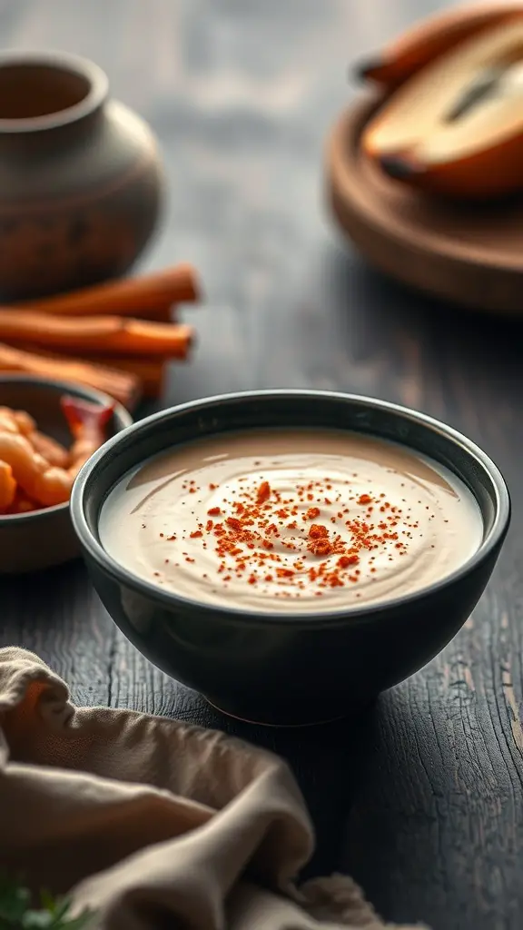 A bowl of creamy shrimp bisque topped with spices, surrounded by ingredients like cinnamon sticks and a rustic setting.