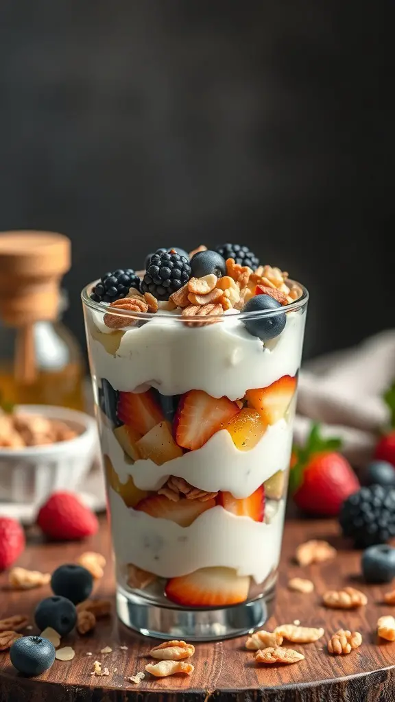 A delicious honey-drizzled Greek yogurt parfait with layers of fruits and granola.