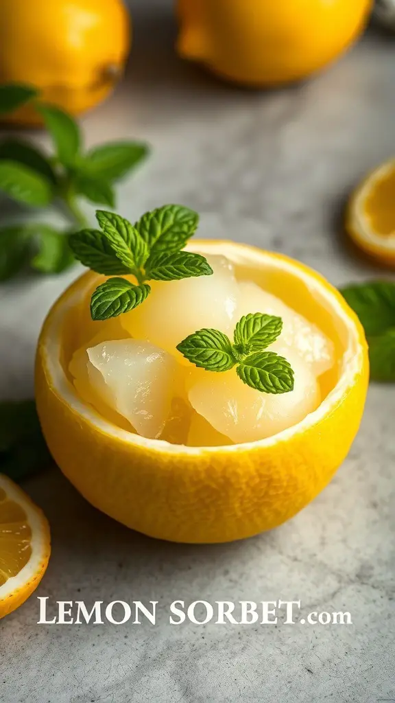A bowl of lemon sorbet served in a hollowed-out lemon, garnished with mint leaves.
