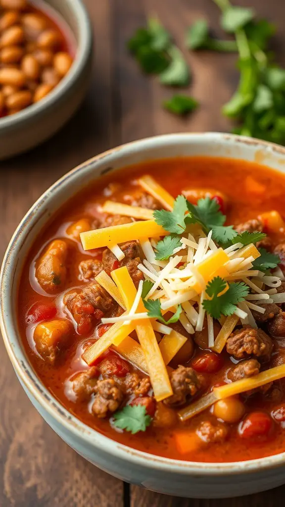 A bowl of chili con carne soup topped with cheese and cilantro, with a side of beans.
