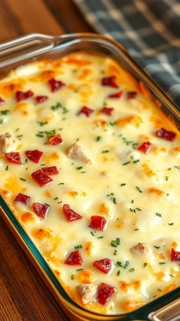 A delicious Chicken and Bacon Ranch Casserole topped with melted cheese and bits of bacon.