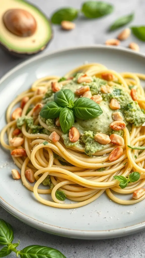 A plate of zucchini noodles topped with avocado pesto, pine nuts, and fresh basil leaves.