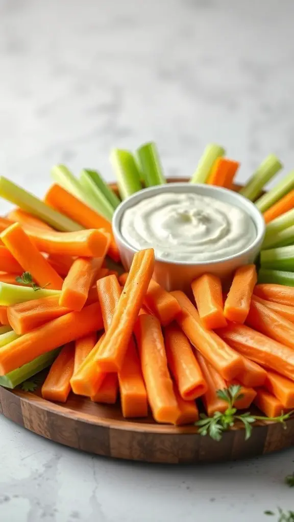 A wooden platter filled with carrot and celery sticks arranged around a bowl of creamy dip.