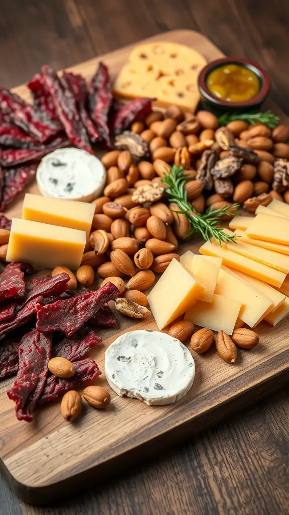 A wooden platter filled with beef jerky, various cheeses, nuts, and a small bowl of mustard.