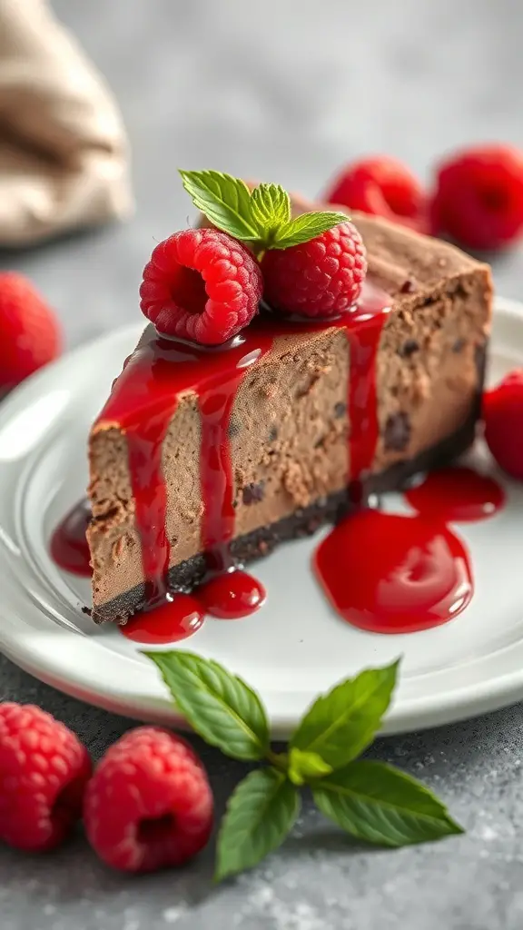 A slice of chocolate cheesecake topped with raspberry sauce and fresh raspberries on a plate.