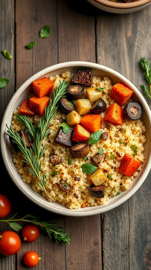 A bowl of couscous topped with roasted vegetables, including sweet potatoes, carrots, and eggplant, garnished with fresh herbs.