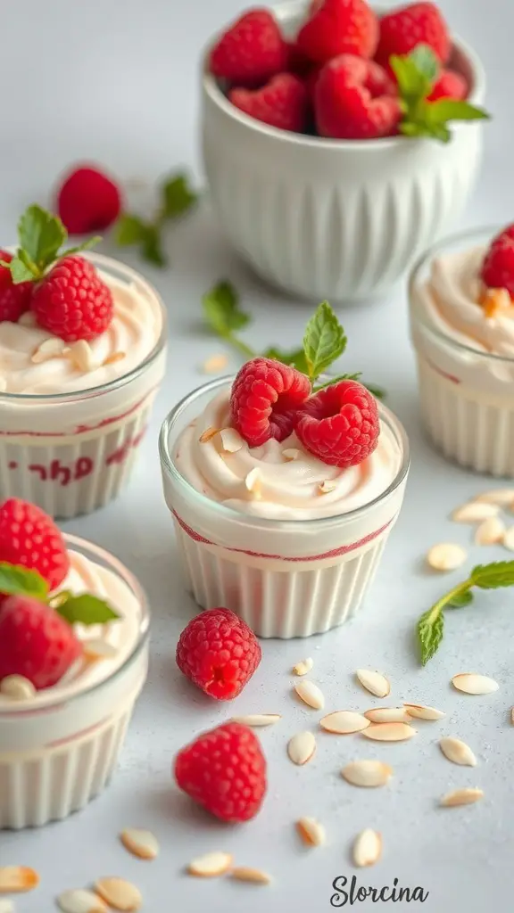 Raspberry Almond Cream Cups topped with fresh raspberries and almond slices