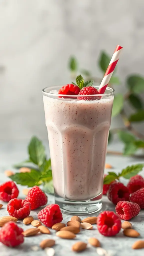 A refreshing raspberry and almond milk smoothie in a glass, garnished with fresh raspberries and mint leaves, surrounded by almonds and raspberries.