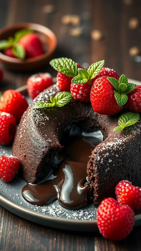 A rich chocolate lava cake topped with fresh raspberries and mint leaves, with molten chocolate oozing from the center.