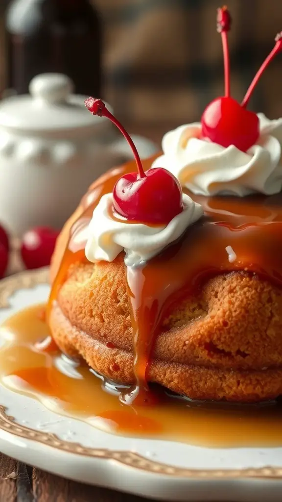 A delicious Baba au Rhum cake topped with whipped cream and cherries, served on a decorative plate.
