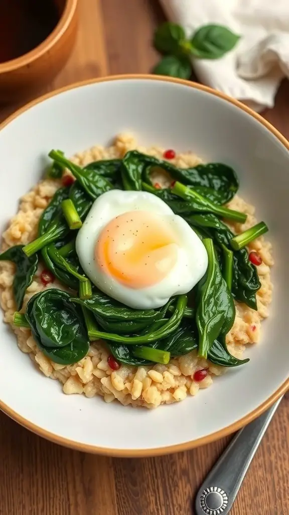 A bowl of savory oatmeal topped with spinach and a poached egg.