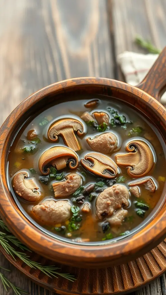 A bowl of venison and mushroom soup with sliced mushrooms and herbs.