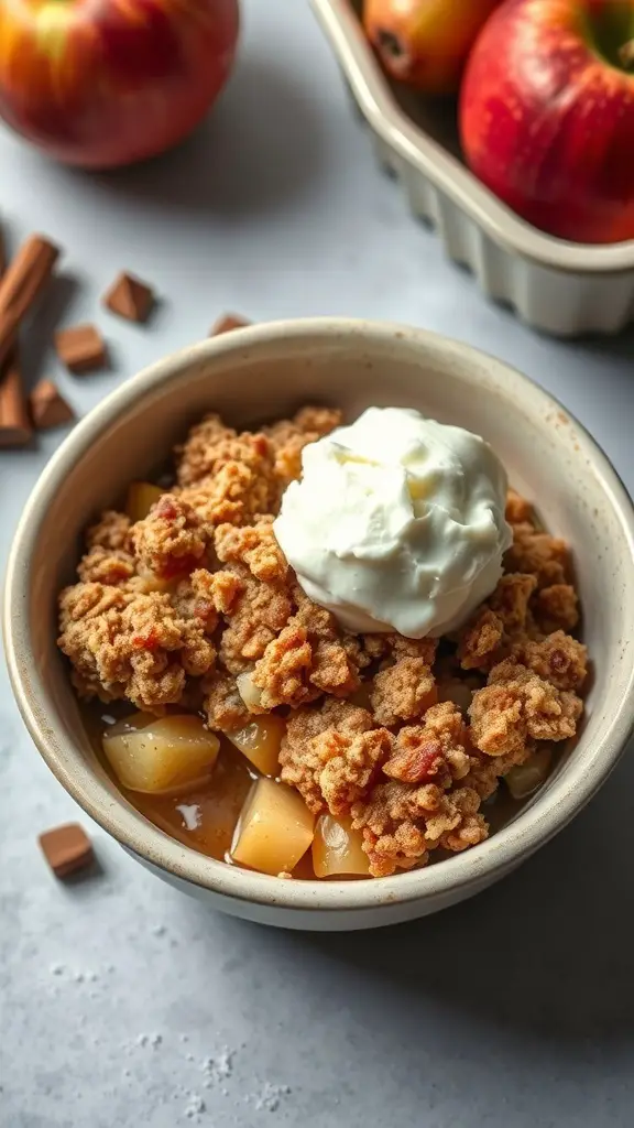 A bowl of apple crisp topped with vanilla ice cream, surrounded by fresh apples.