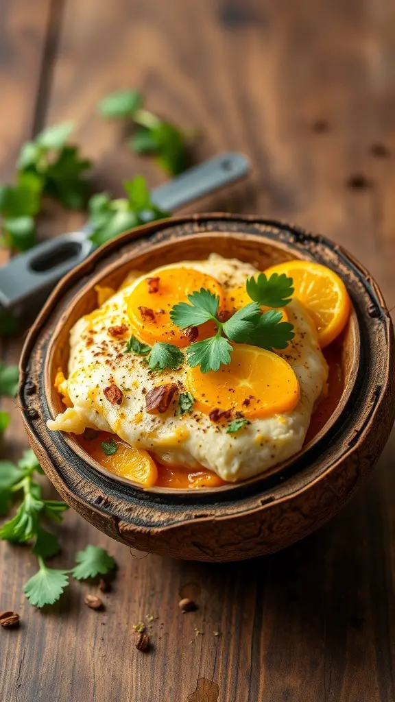 Baked snapper with coconut curry sauce and orange slices in a bowl