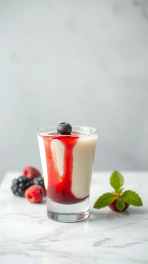 A glass of vanilla bean panna cotta topped with berry sauce and fresh berries.