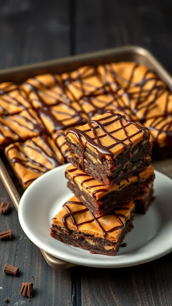 Peanut butter brownies drizzled with chocolate, served on a plate.