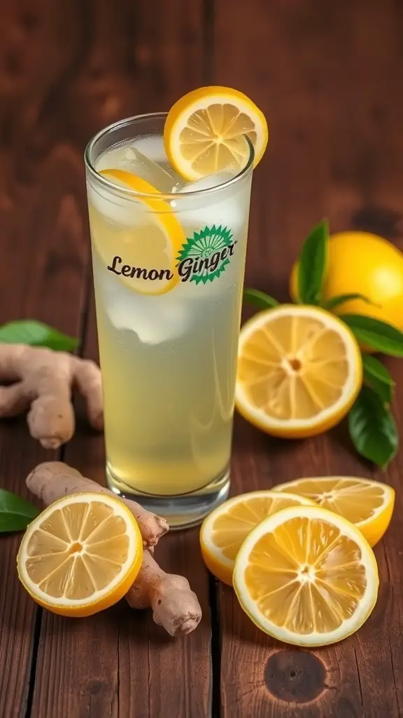A refreshing Lemon Ginger drink in a glass with lemon slices and ginger root on a wooden table.