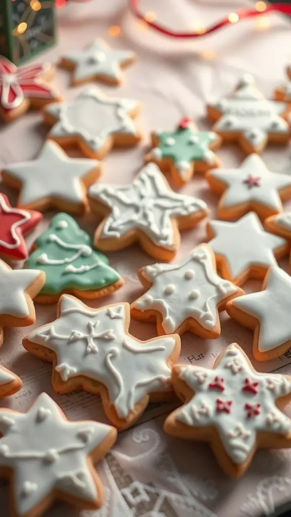 An assortment of star-shaped sugar cookies decorated with icing in various colors.