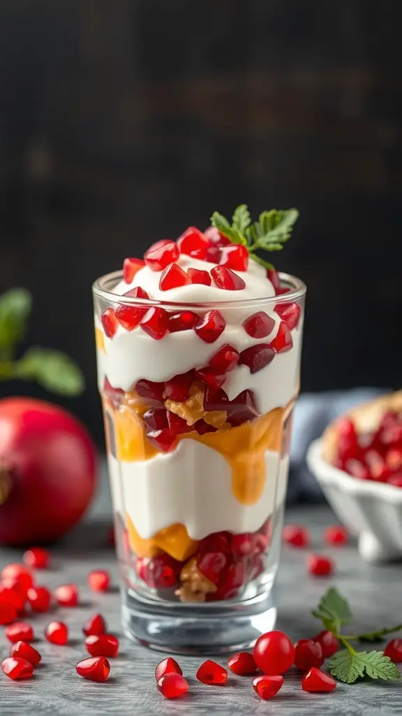 A delicious Yogurt and Pomegranate Parfait in a glass, layered with yogurt, pomegranate seeds, and topped with mint.