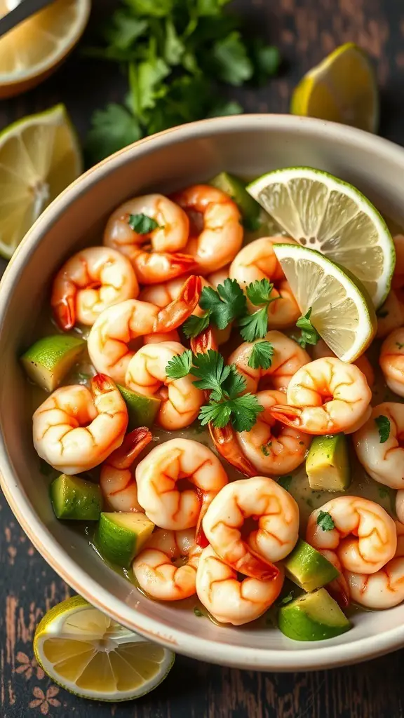 A bowl filled with shrimp, avocado, lime slices, and cilantro, showcasing a fresh and vibrant dish.