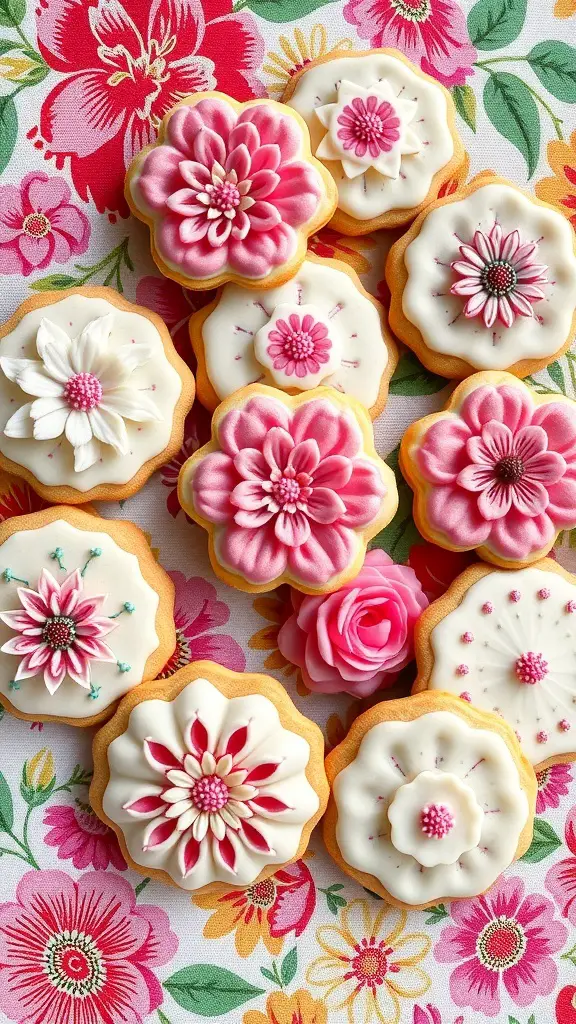 A variety of beautifully decorated floral cookies on a colorful floral tablecloth.