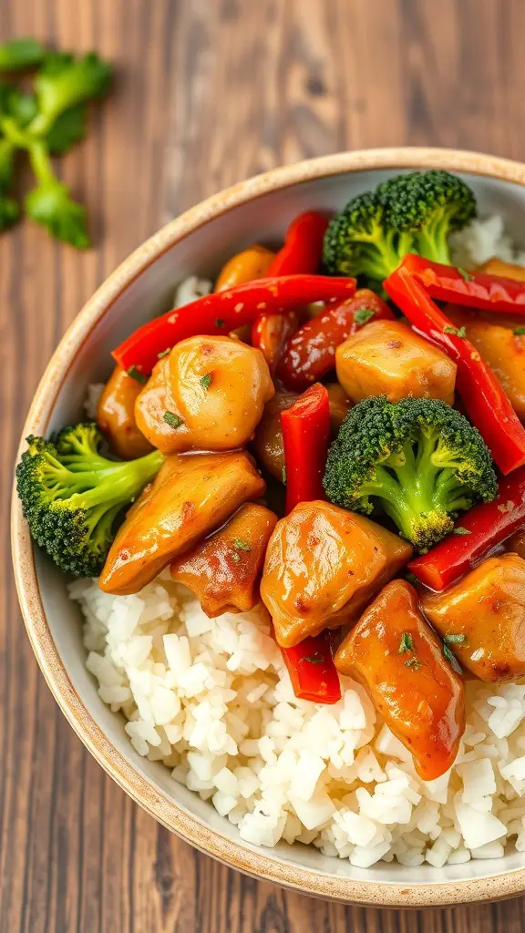 A bowl of Teriyaki Chicken Stir-Fry with chicken, broccoli, and red bell peppers over rice.