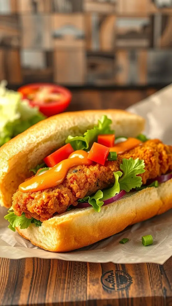 A delicious Fried Fish Po' Boy sandwich with lettuce, tomatoes, and sauce in a hoagie roll.