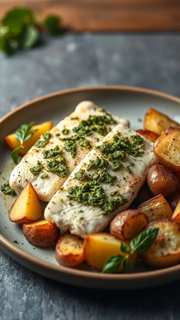 Oven baked fish with pesto served with roasted potatoes