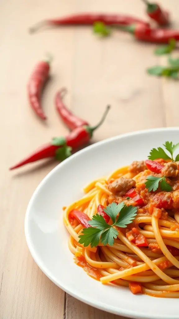 A plate of Penne Arrabbiata pasta with chili peppers and parsley on a wooden table.