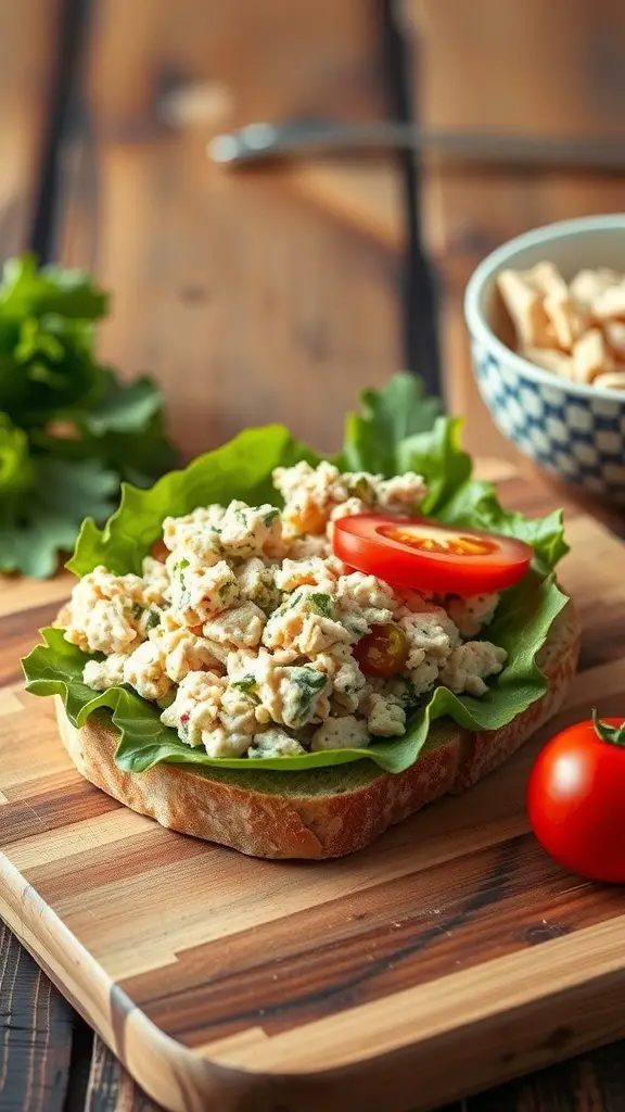 A classic tuna salad sandwich on a wooden cutting board, featuring lettuce, tomato, and a bowl of crackers.