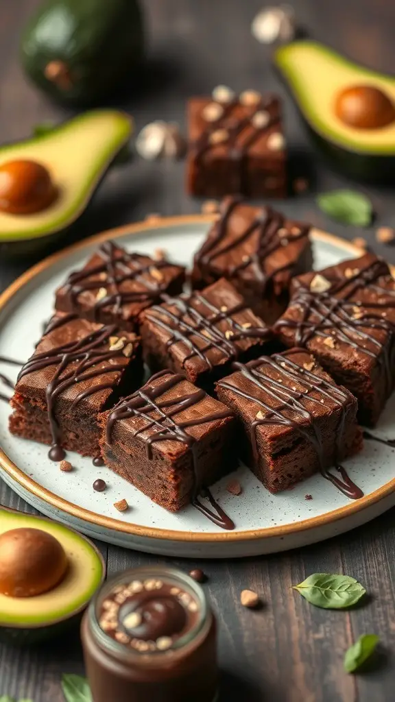 Chocolate avocado brownies on a plate with avocados and nuts around them.