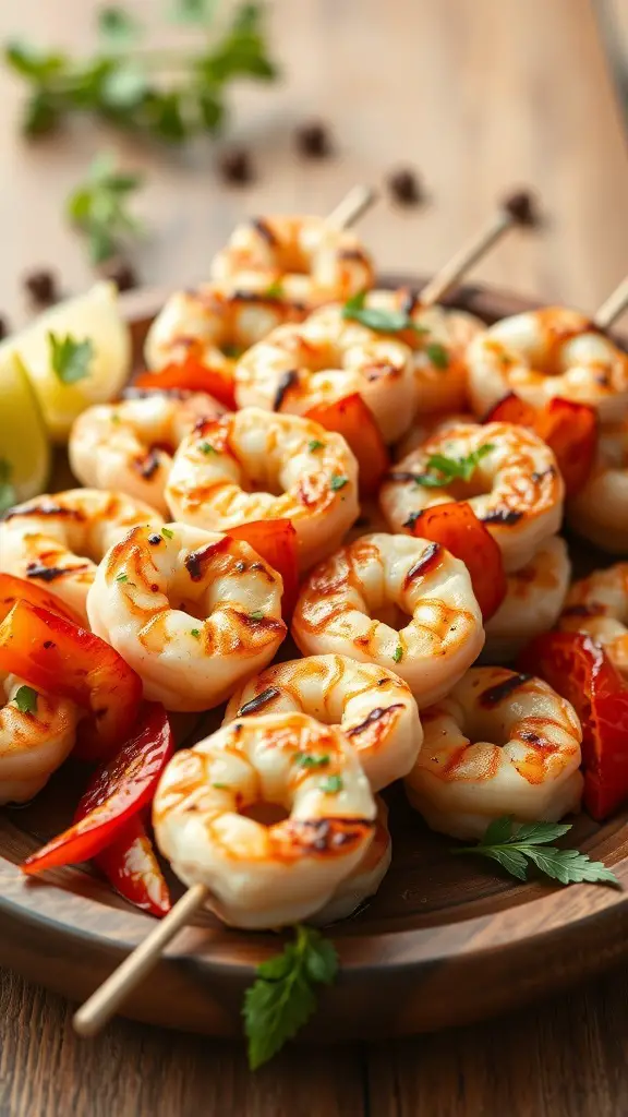 Grilled Mediterranean shrimp skewers with bell peppers on a wooden platter