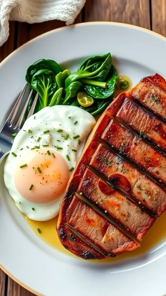 Plate of duck breast with poached egg and greens