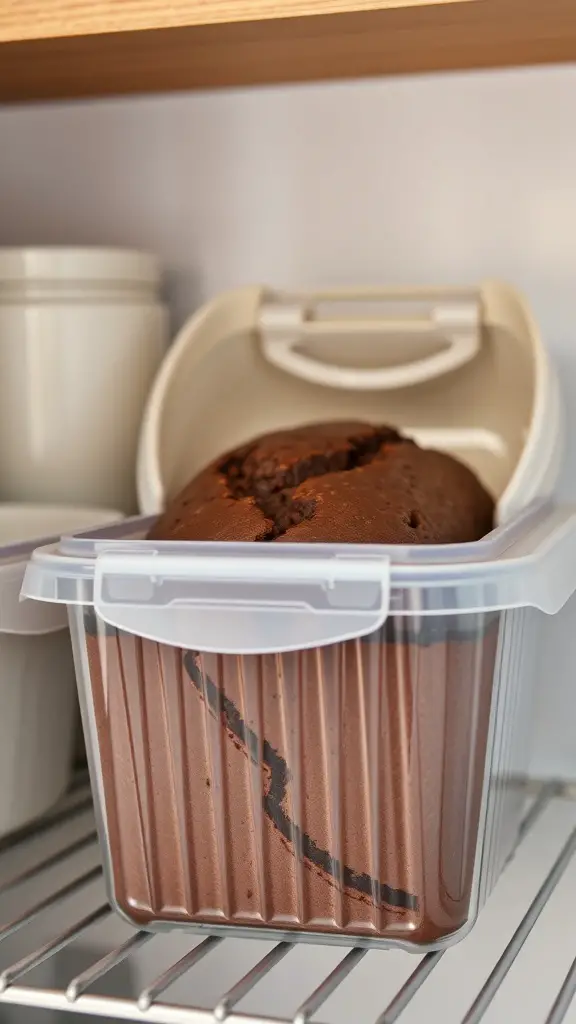 Chocolate banana bread stored in an airtight container on a shelf.