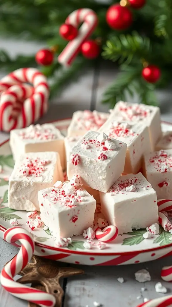 A plate of peppermint chocolate marshmallows decorated with crushed peppermint and candy canes