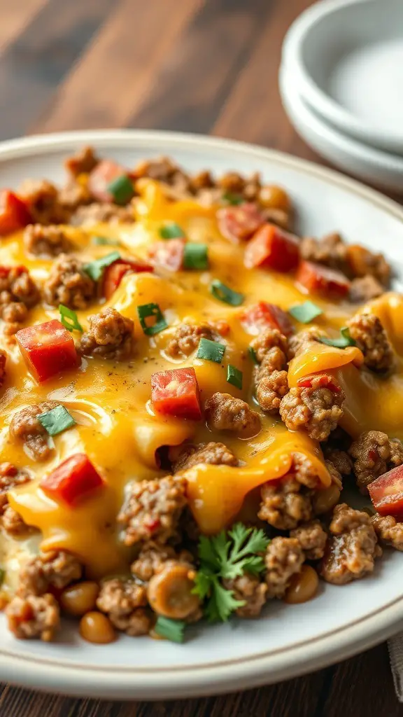 A delicious keto hamburger casserole with ground beef, melted cheese, diced tomatoes, and green onions on a plate.